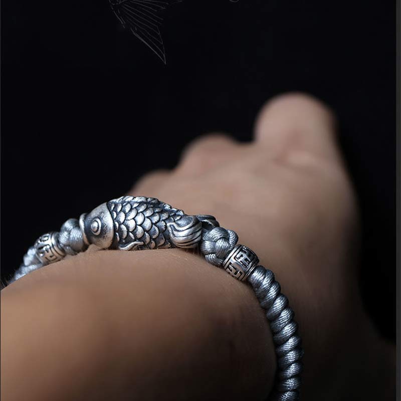 Wear FengShui Silver Luck Koi Fish Braided String Bracelet