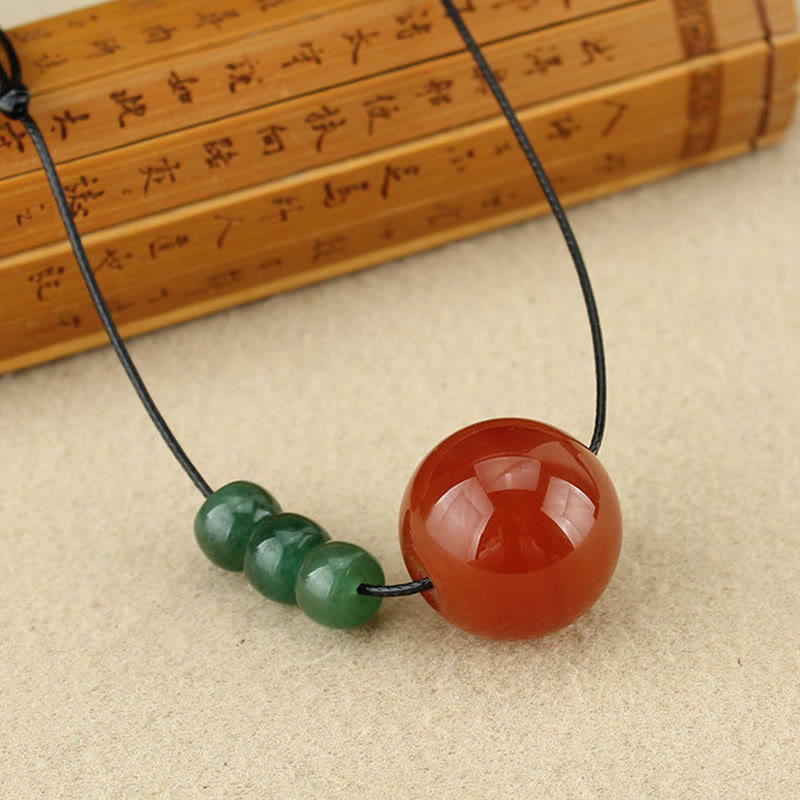 Wear FengShui Red Agate Green Aventurine Green Bodhi Seed Bead Calm Leather Rope Necklace Pendant