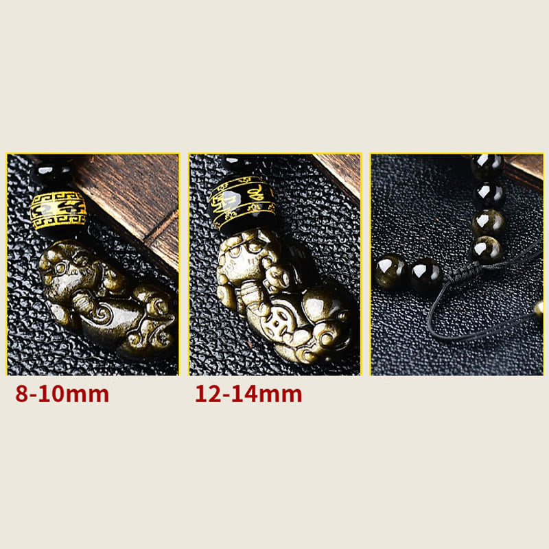 Wear FengShui Natural Gold Sheen Obsidian PiXiu Om Mani Padme Hum Wealth Braided Bracelet