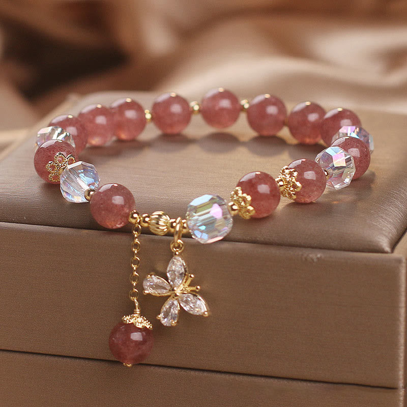 Wear FengShui Natural Strawberry Quartz Love Healing Butterfly Charm Bracelet