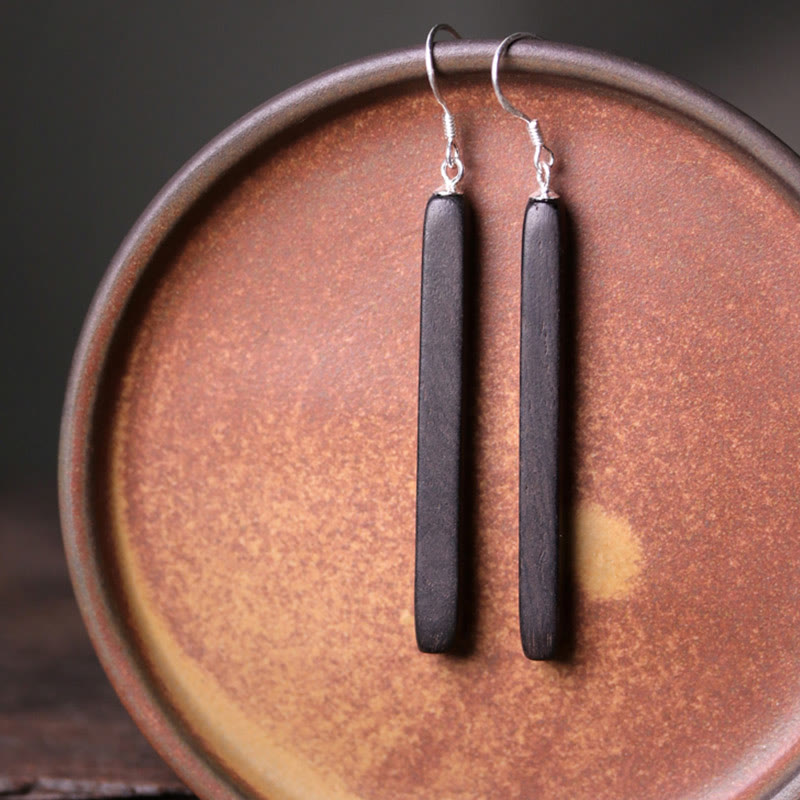 Wear FengShui 925 Sterling Silver Ebony Wood Texture Balance Peace Drop Dangle Earrings