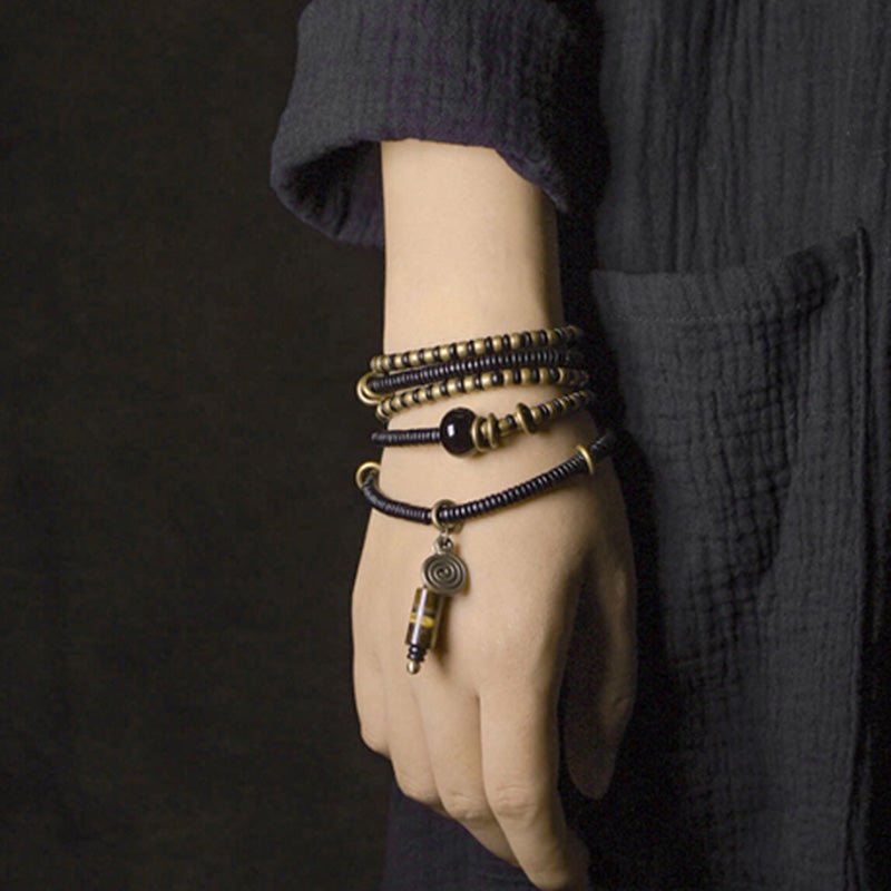 Wear FengShui Ebony Wood Dzi Bead Copper Peace Couple Bracelet Necklace Pendant