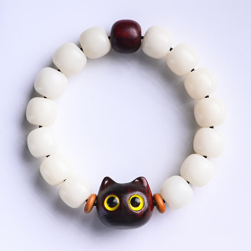Wear FengShui Natural Bodhi Seed Small Leaf Red Sandalwood Ebony Wood Cute Lucky Cat Wisdom Bracelet