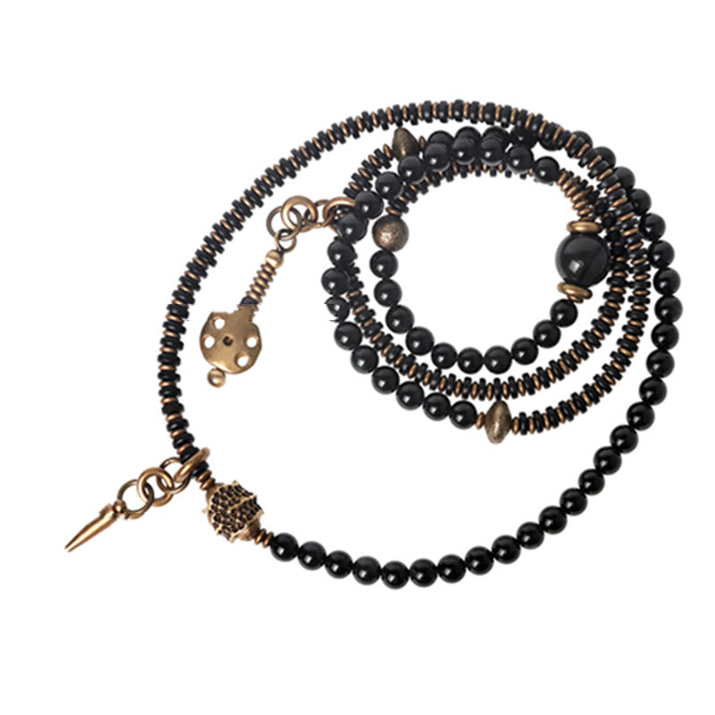 Wear FengShui Rainbow Obsidian Ebony Wood Copper Positive Multilayer Bracelet