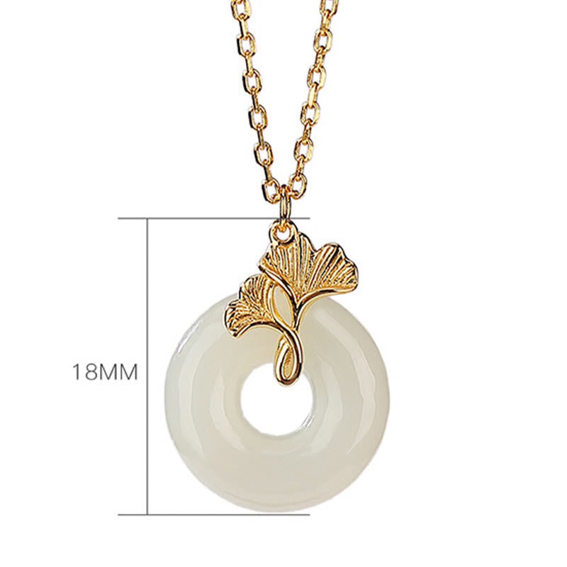Wear FengShui 925 Sterling Silver Natural Hetian Jade Ginkgo Leaf Peace Buckle Luck Necklace Pendant
