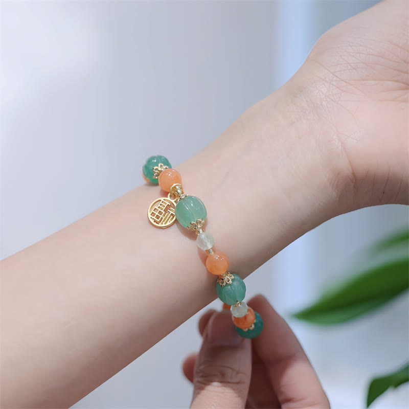 Wear FengShui Natural Golden Silk Jade Pumpkin Bead Fu Character Charm Wealth Bracelet