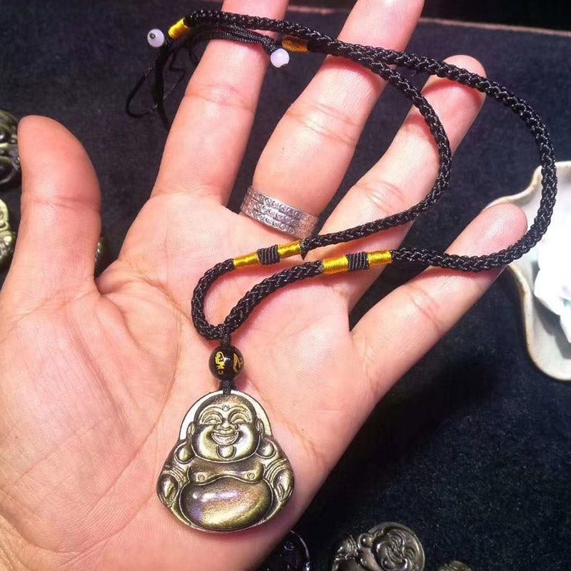 Wear FengShui Laughing Buddha Gold Sheen Obsidian Wealth Necklace Pendant