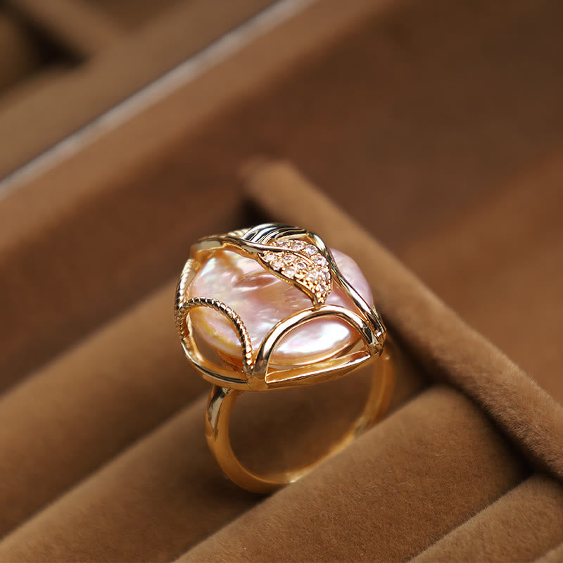 Wear FengShui Pearl Copper Plated Gold Flower Happiness Wealth Ring