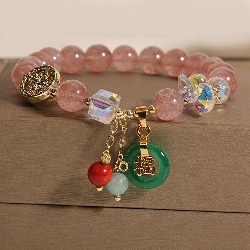 Wear FengShui Strawberry Quartz Jade Fu Character Charm Healing Bracelet