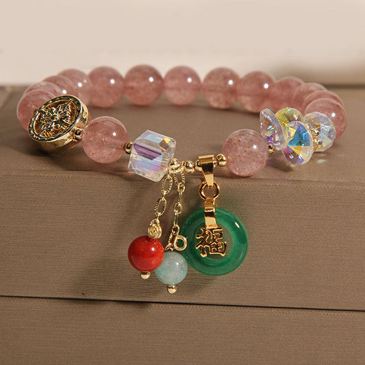 Wear FengShui Strawberry Quartz Jade Fu Character Charm Healing Bracelet