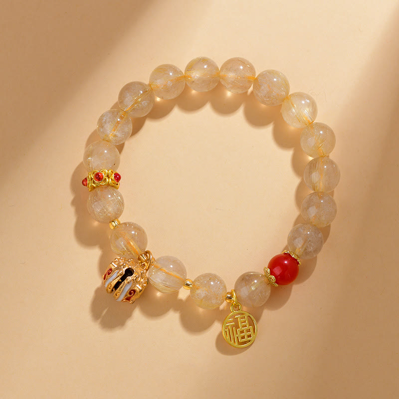 Wear FengShui Natural Golden Rutilated Quartz Fu Character Charm Bell Wealth Bracelet