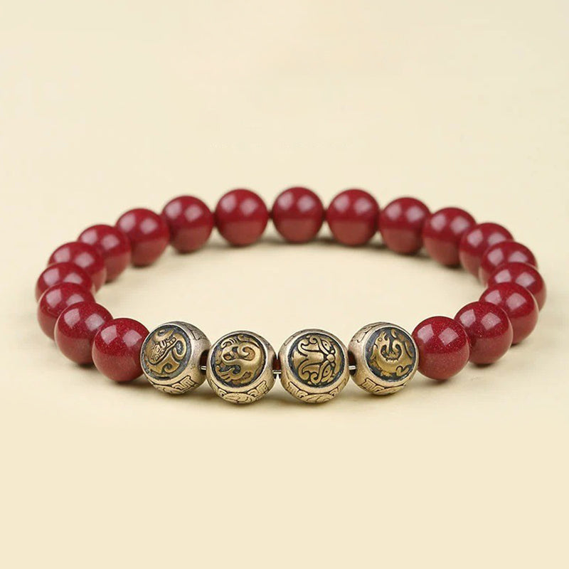 Wear FengShui 925 Sterling Silver Natural Cinnabar Four Beasts Blessing Bracelet
