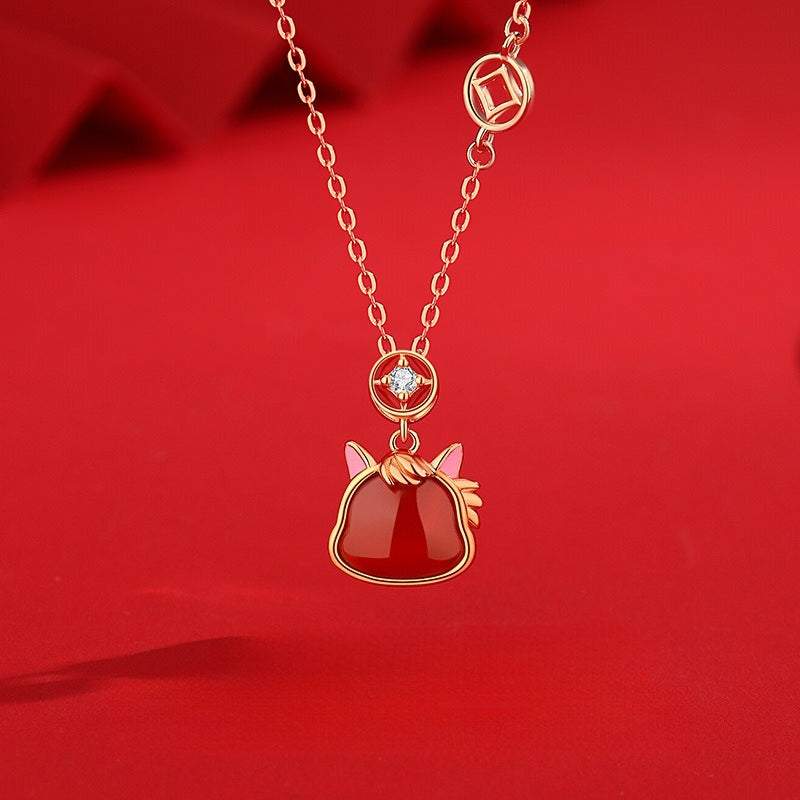 Women’s S925 Silver Cute Horse Jewelry Set – Red Agate Zodiac Horse Bracelet, Necklace, Earrings