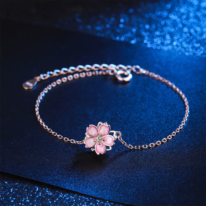 Wear FengShui 925 Sterling Silver Cherry Blossom Blessing Chain Bracelet Rotatable Ring