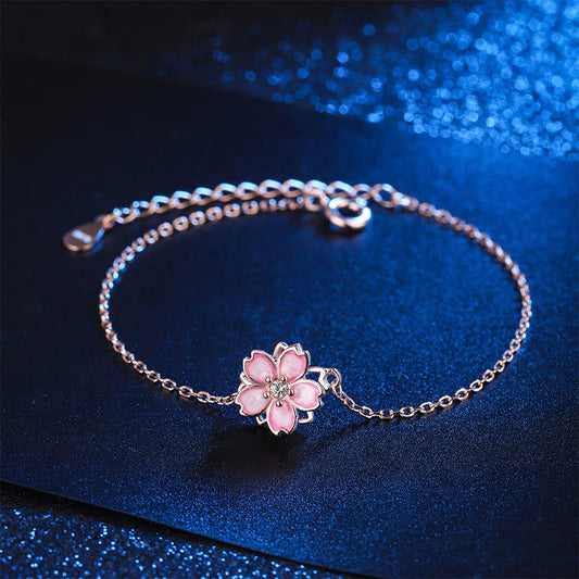 Wear FengShui 925 Sterling Silver Cherry Blossom Blessing Chain Bracelet Rotatable Ring