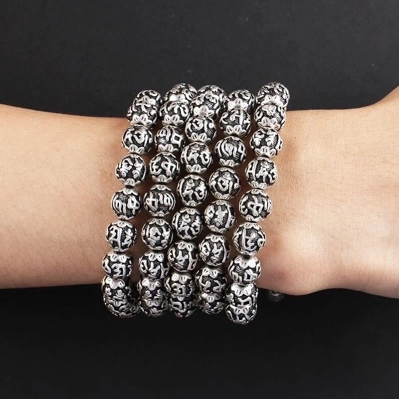 Wear FengShui Tibetan Om Mani Padme Hum Carved Alloy Beads Amulet Bracelet