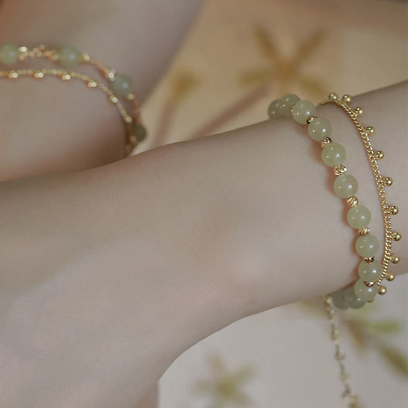 Wear FengShui 14K Gold Plated 2 Layers Hetian Jade Bead Luck Prosperity Bracelet