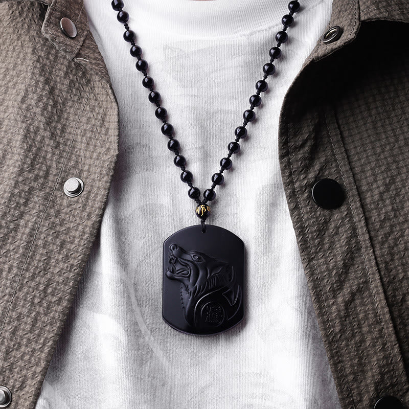 Wear FengShui Black Obsidian Stone Wolf Purification Pendant Necklace