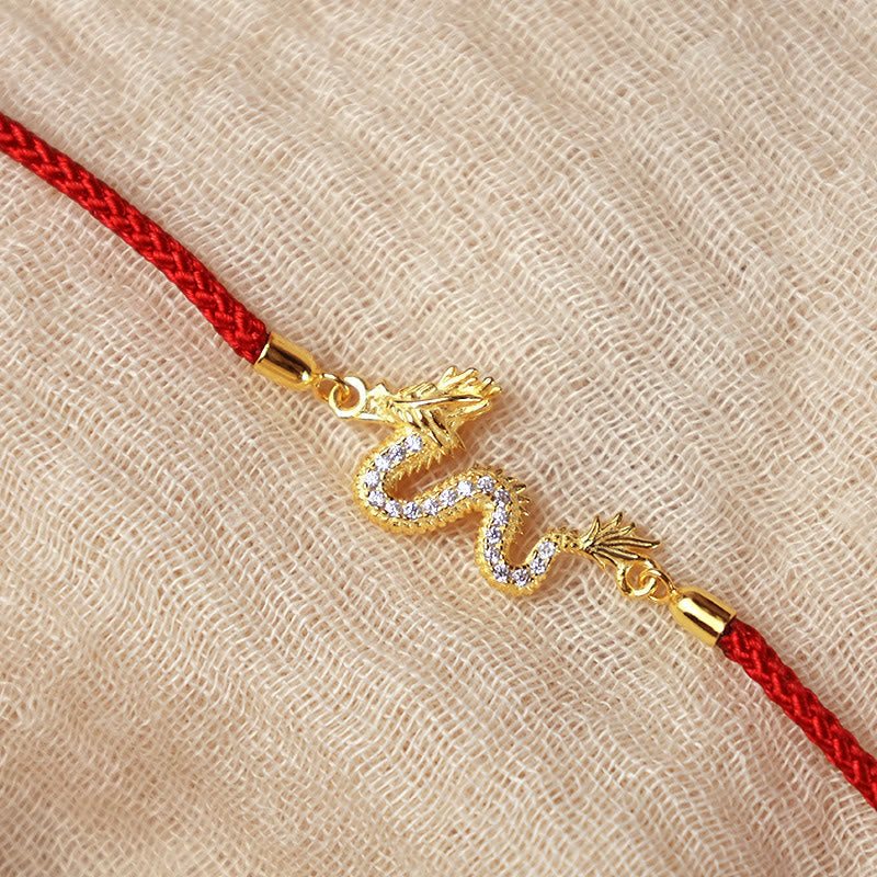Wear FengShui 925 Sterling Silver Year Of The Dragon Auspicious Golden Dragon Luck Red Rope Chain Bracelet