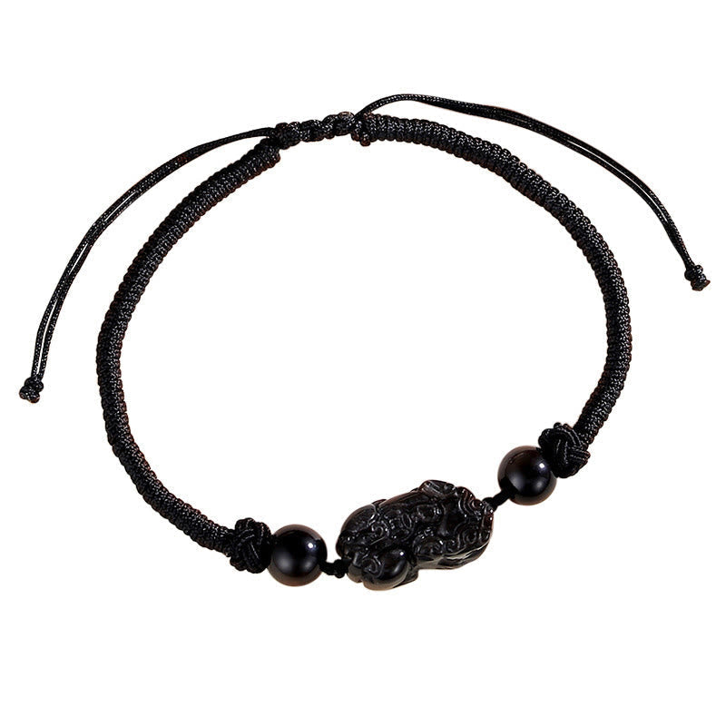 Wear FengShui Handmade Natural Silver Sheen Obsidian Strawberry Quartz PiXiu Protection Braided Bracelet