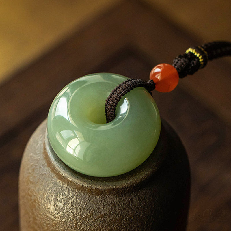 Wear FengShui Natural Round Jade Gray Jade Peace Buckle Luck Necklace Pendant