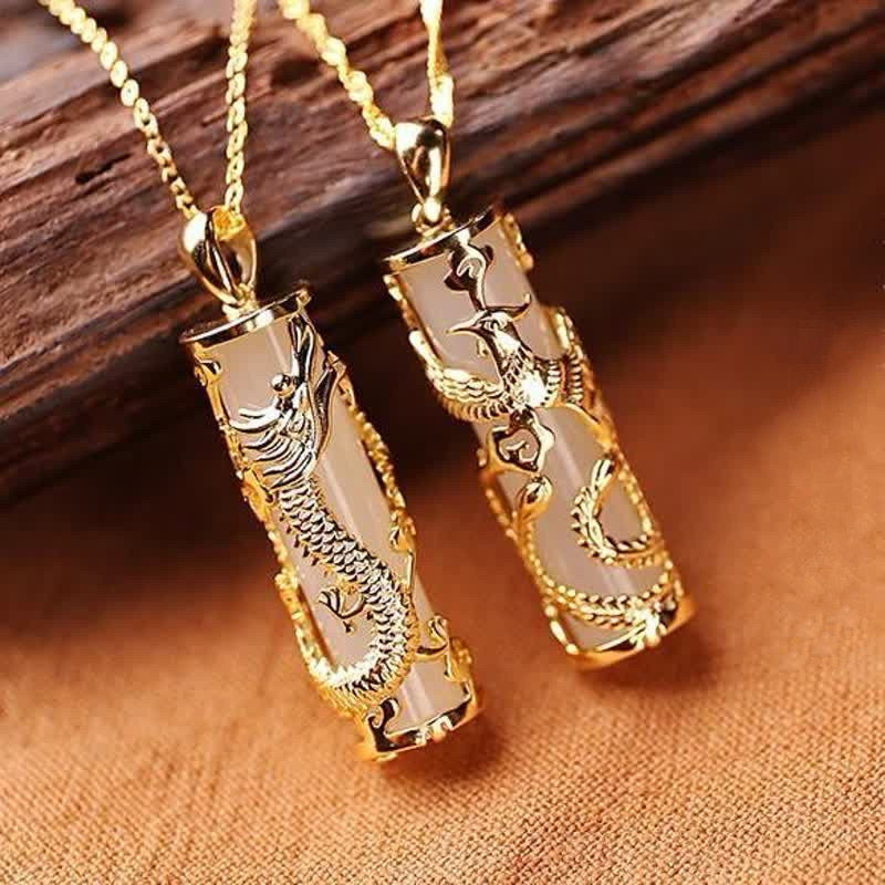 Wear FengShui Jade Dragon Phoenix Copper Blessing Harmony Necklace Pendant