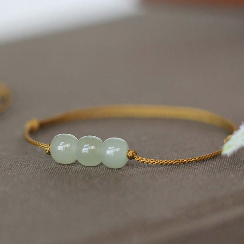 Wear FengShui Three Beads Jade Luck String Weave Bracelet