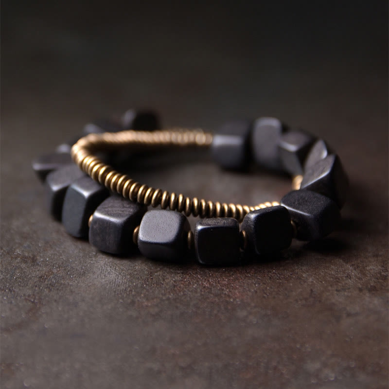 Wear FengShui Tibetan Ebony Wood Copper Peace Double Wrap Bracelet