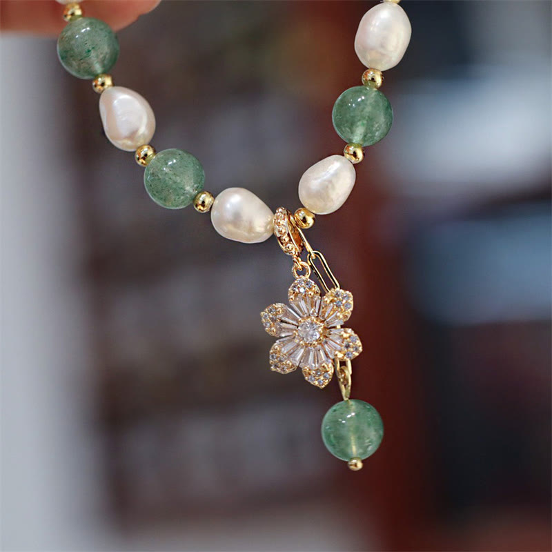 Wear FengShui Natural Green Strawberry Quartz Pearl Flower Charm Love Bracelet