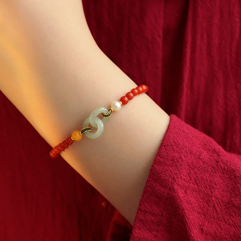 Wear FengShui Natural Red Agate Hetian Jade Double Peace Buckle Confidence Bracelet