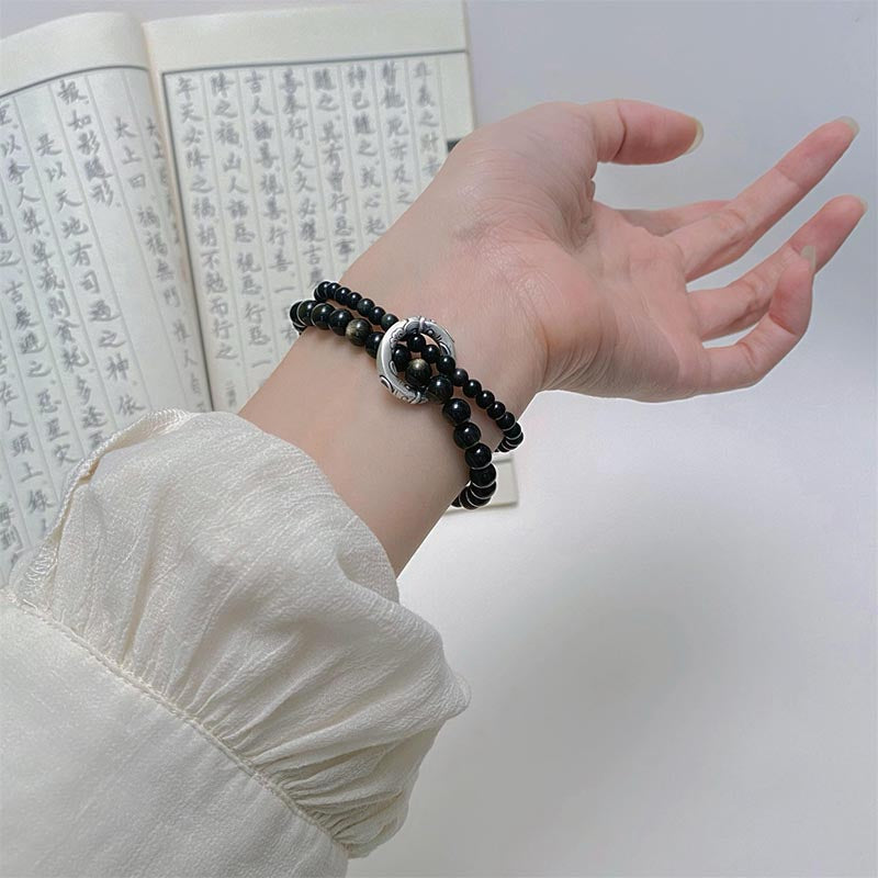 Wear FengShui 999 Sterling Silver Black Obsidian Fulfillment Strength Double Layer Bracelet