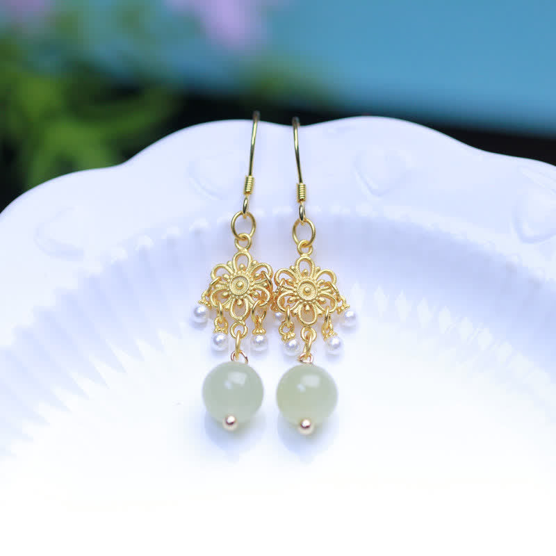 Wear FengShui Hetian Jade Flower Pattern 14K Gold Plated Luck Drop Dangle Earrings