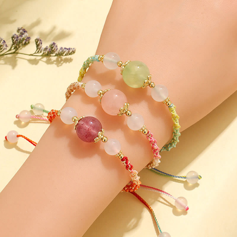 Wear FengShui Strawberry Quartz Pink Crystal Prehnite White Agate Bead Healing Rope Bracelet