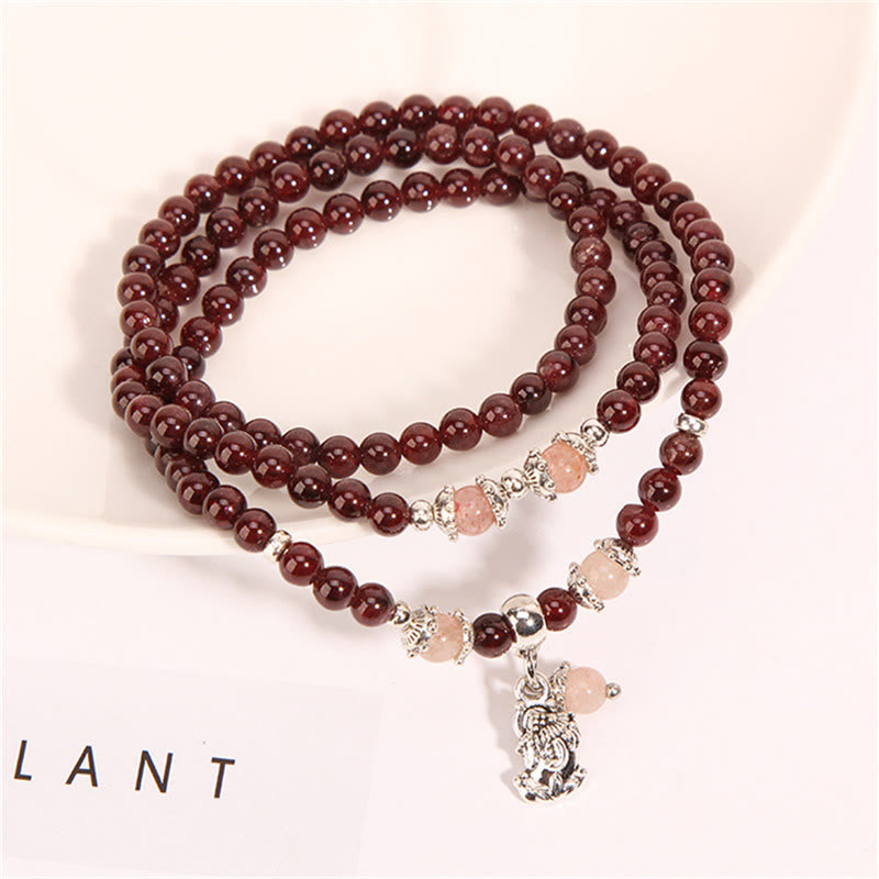 Wear FengShui Natural Garnet Strawberry Quartz Green Beans PiXiu Protection Triple Wrap Bracelet