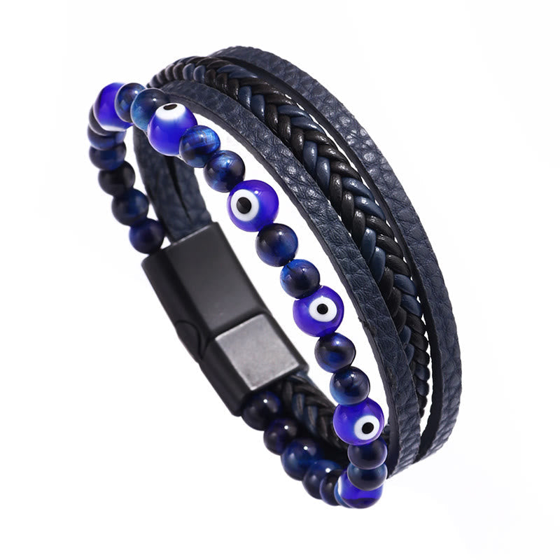 Wear FengShui Evil Eye Tiger Eye Protection Beaded Multilayered Braided Bracelet