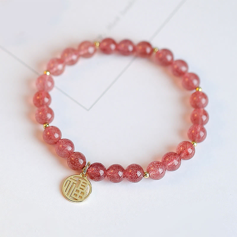 Wear FengShui 14K Gold Plated Strawberry Quartz Fu Character Healing Charm Bracelet