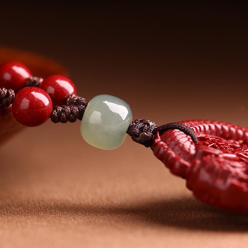 Wear FengShui Year Of The Dragon Natural Cinnabar Hetian Jade Bead Copper Coin Attract Wealth Strength Necklace Pendant