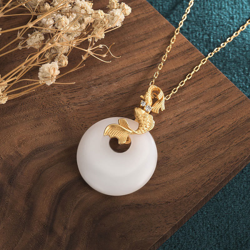 Wear FengShui White Jade Koi Fish Wealth Prosperity Necklace Pendant