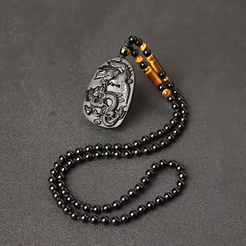 Wear FengShui Black Obsidian Tiger Eye Dragon Phoenix Protection Beaded Necklace Pendant