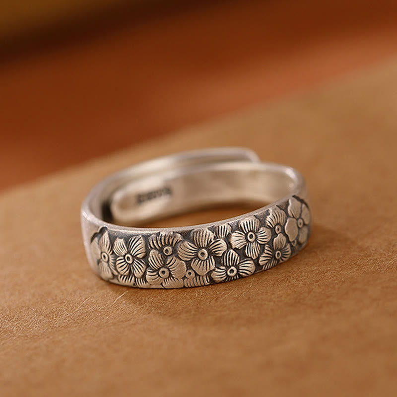 Wear FengShui 999 Sterling Silver Lotus Flower Plum Blossom Auspicious Clouds Engraved Enlightenment Ring