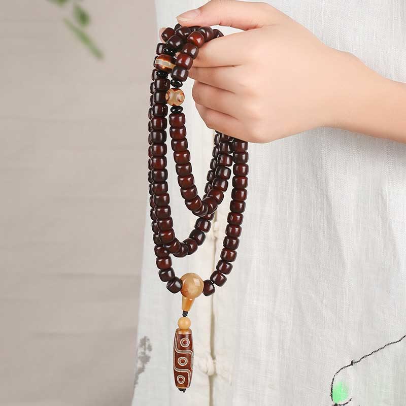 Wear FengShui 108 Mala Beads Three-eyed Dzi Bead Nine-eye Dzi Bead Jade Luck Bracelet