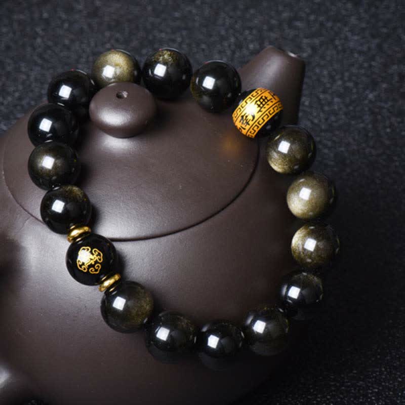 Wear FengShui Chinese Zodiac Natal Buddha Gold Sheen Obsidian Wealth Protection Bracelet