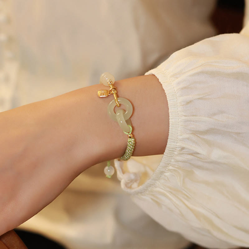 Wear FengShui Natural Hetian Jade Bead Double Peace Buckle Fu Character Abundance Braided Bracelet