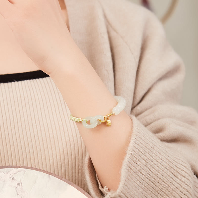Wear FengShui Natural Hetian Jade Bead Double Peace Buckle Fu Character Abundance Braided Bracelet