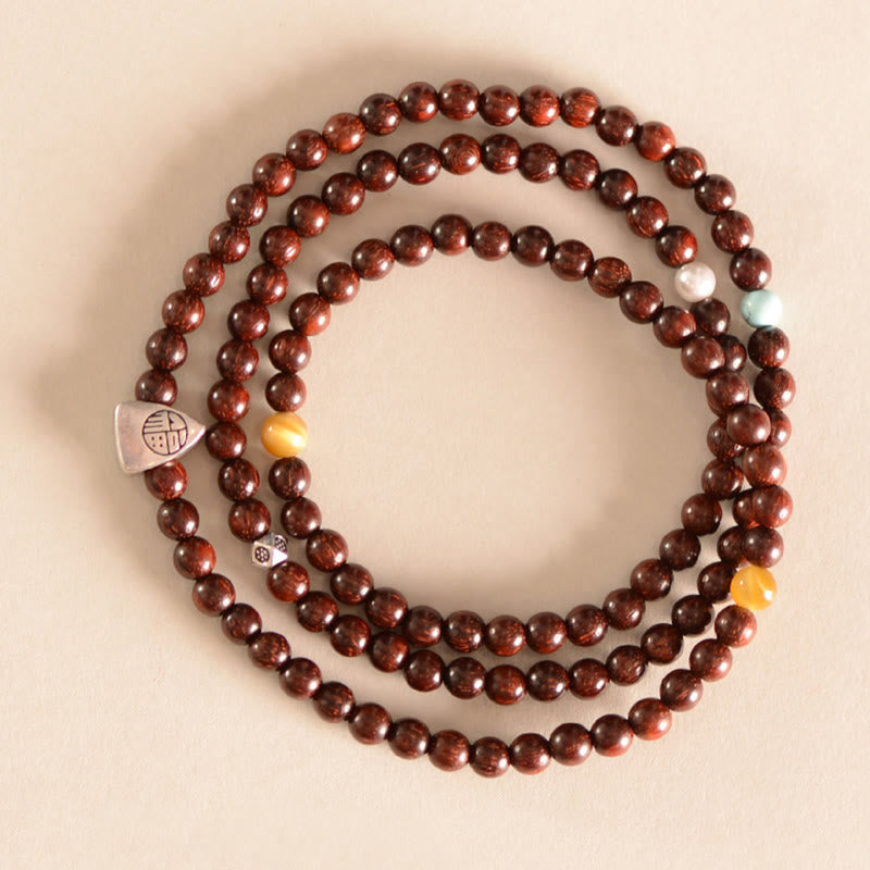 Wear FengShui 925 Sterling Silver Indian Small Leaf Red Sandalwood Fu Character Protection Triple Wrap Bracelet