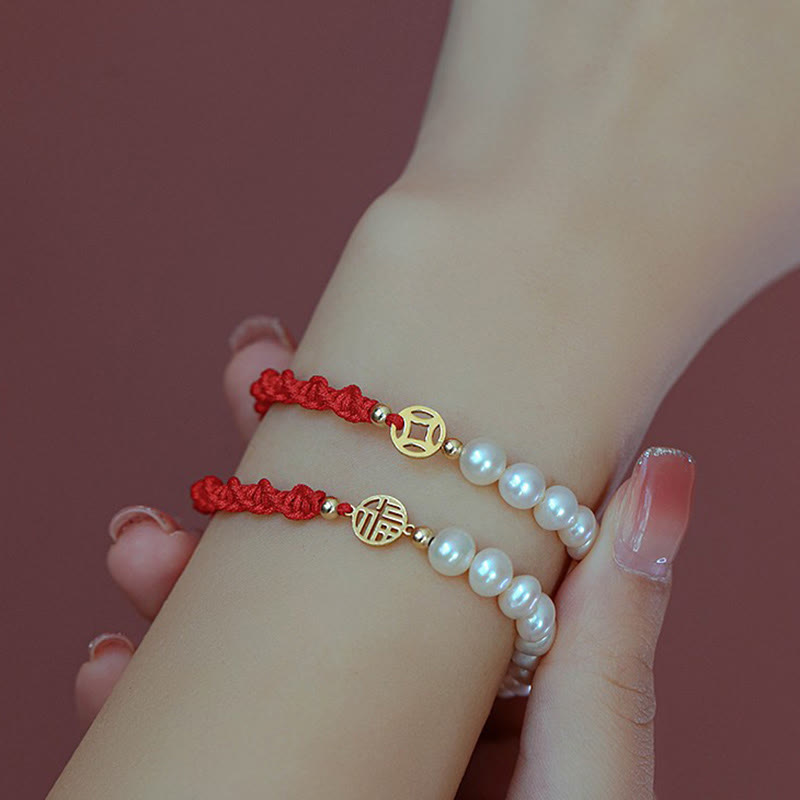 Wear FengShui 14K Gold Plated Pearl Bead Luck Protection Braid Red String Bracelet