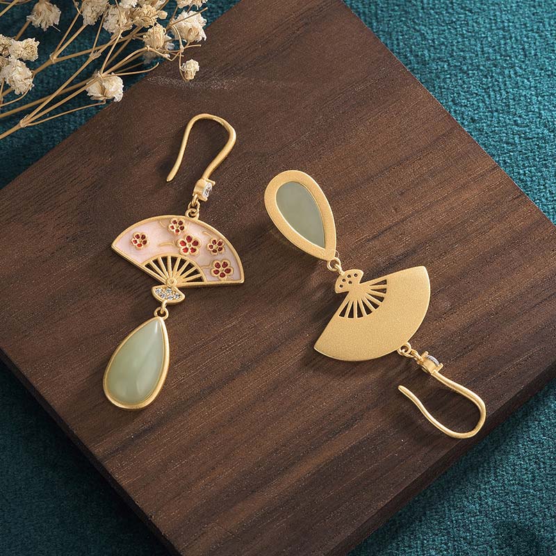 Wear FengShui Natural Green Aventurine Fan Pattern Luck Drop Earrings