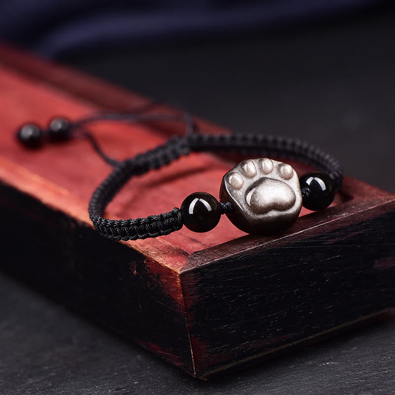 Wear FengShui Natural Silver Sheen Obsidian Gold Sheen Obsidian Cute Cat Paw Claw Protection Rope Bracelet
