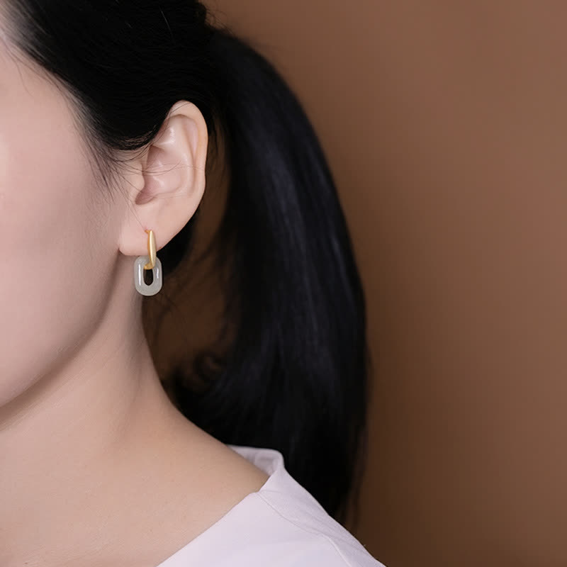 Wear FengShui 925 Sterling Silver Round White Jade Happiness Blessing Earrings
