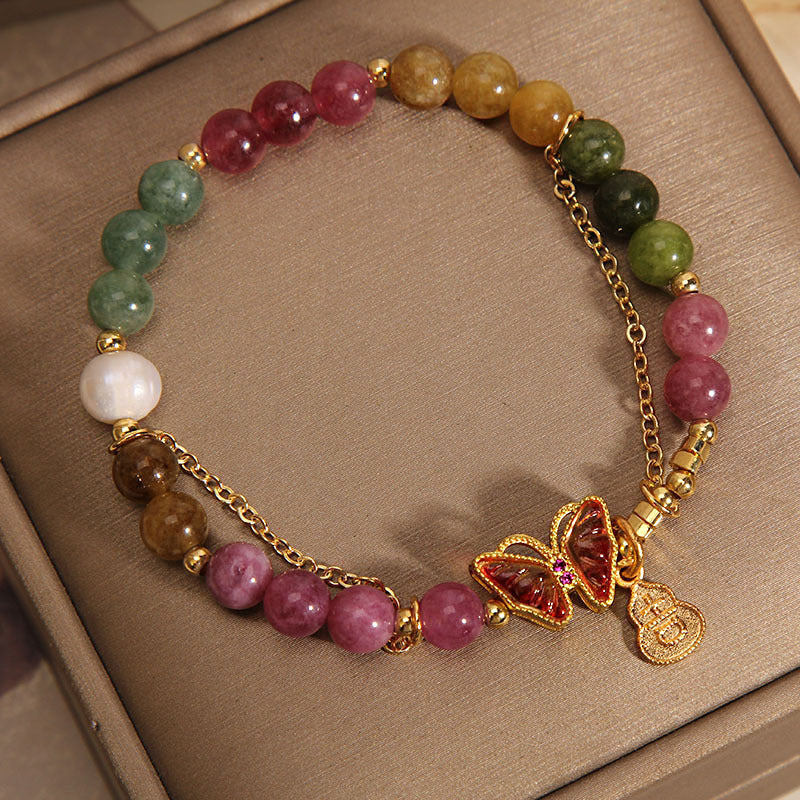 Wear FengShui Natural Colorful Tourmaline Butterfly Auspicious Character Gourd Charm Positive Bracelet